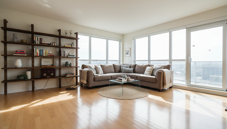 Wide-angle view of a cozy condo living room with a small water leak near the window.