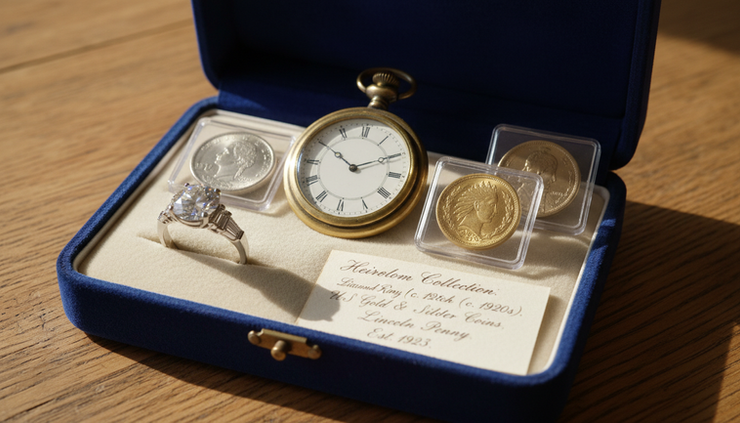 Close-up view of a velvet jewelry box beside a coin collection and antique watch.