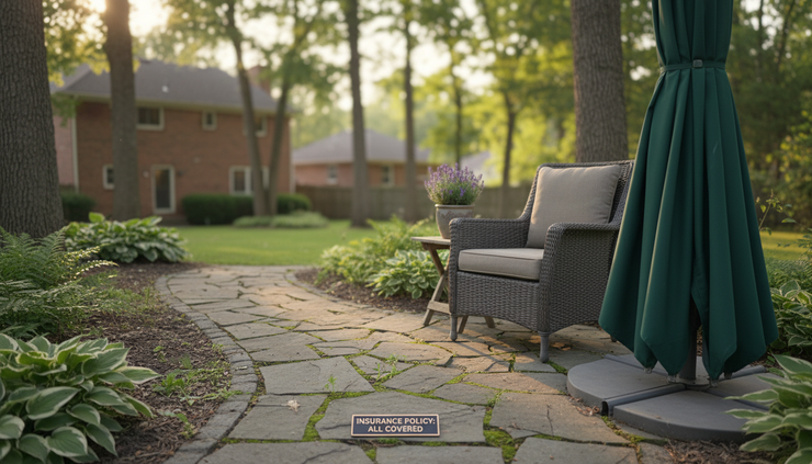 Eye-level view of a backyard walkway with a closed umbrella resting beside a patio chair.