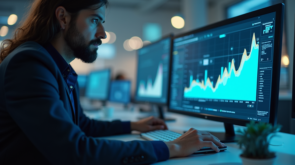 Eye-level view of a business director analyzing data on a digital dashboard