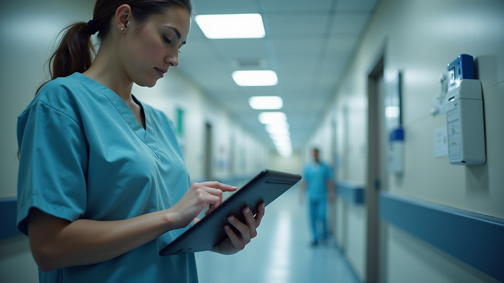 Eye-level view of a hospital nurse using a tablet to access patient records