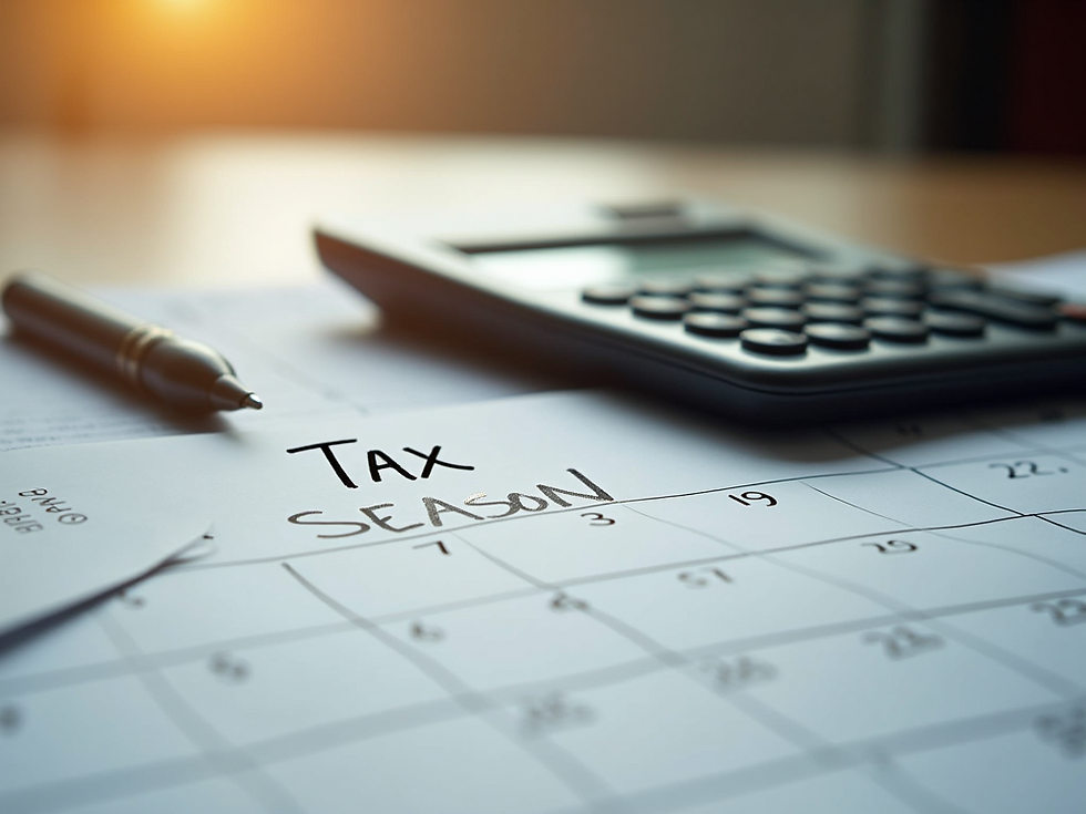 High angle view of a laptop and calculator on a desk with tax documents