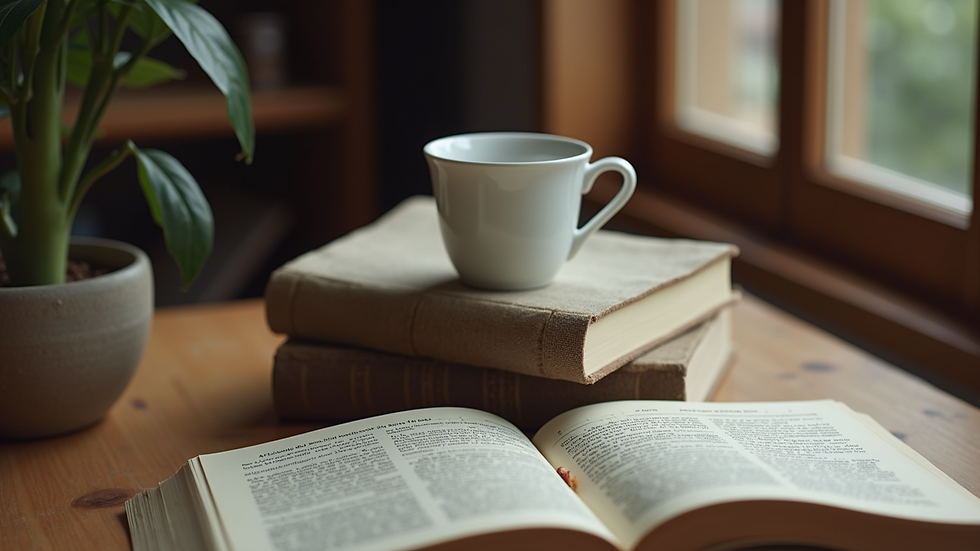 High angle view of books stacked on a table with a coffee cup