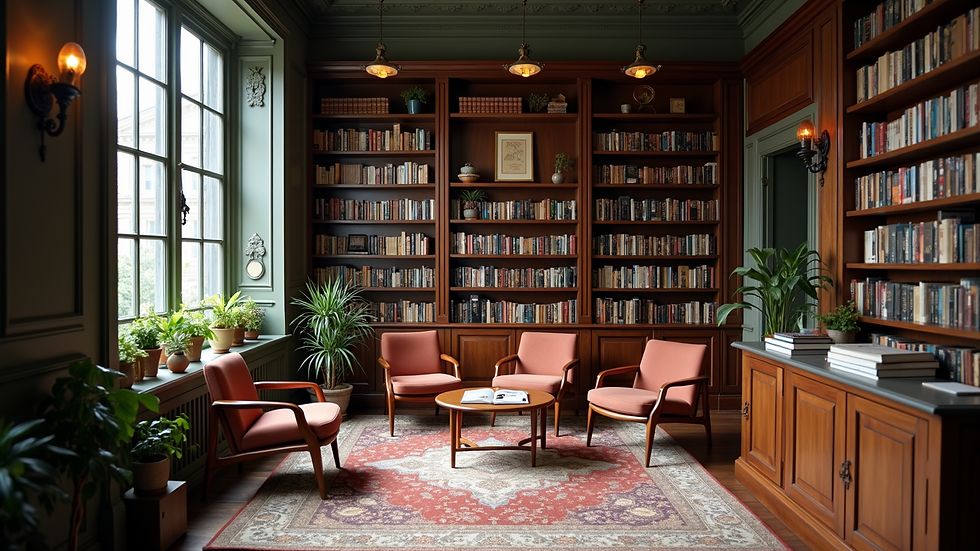 High angle view of an inviting writing room filled with books and cozy seating