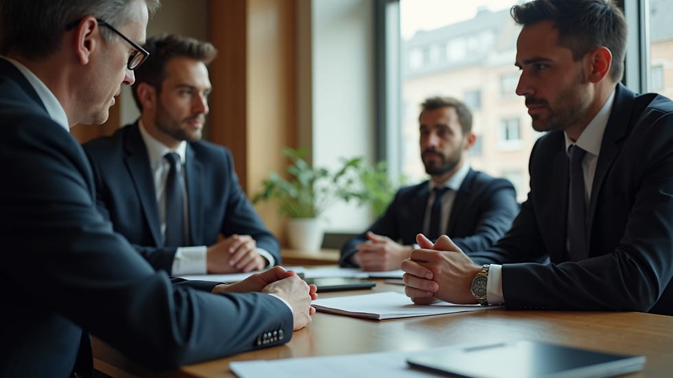 Eye-level view of a mediator facilitating a discussion between two parties