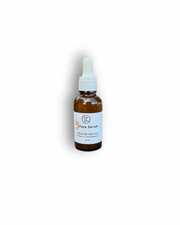 Face Serum bottle with visible label, Woods and Blooms Vitamin C with Rosehip. Detailed product shot against white background