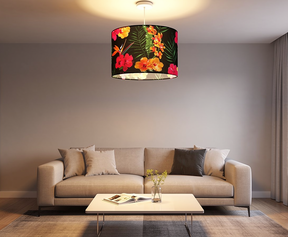 Tropical lampshade of exotic plants, colourful flowers, of yellows and hot pinks, against dark background.