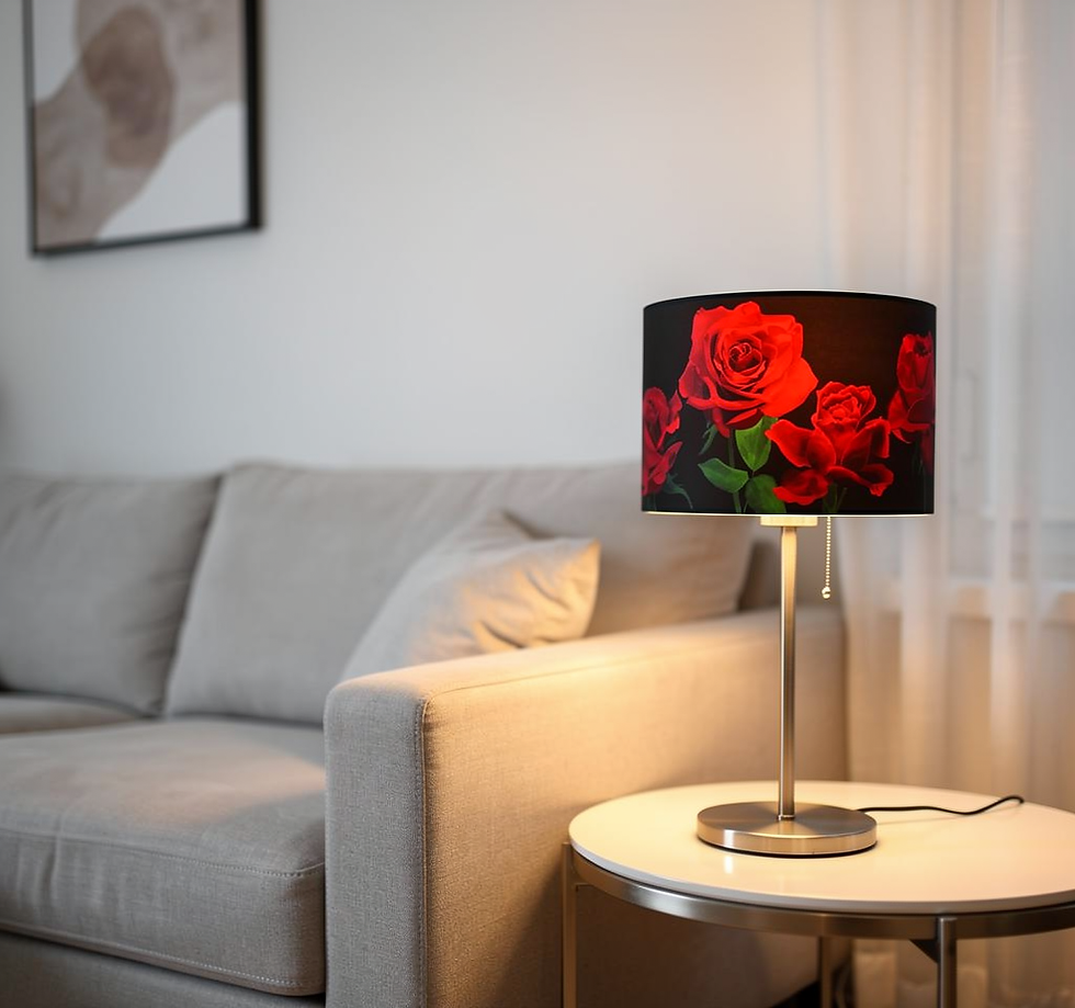 Floral lampshade of luxurious delicately painted red roses against a dark background