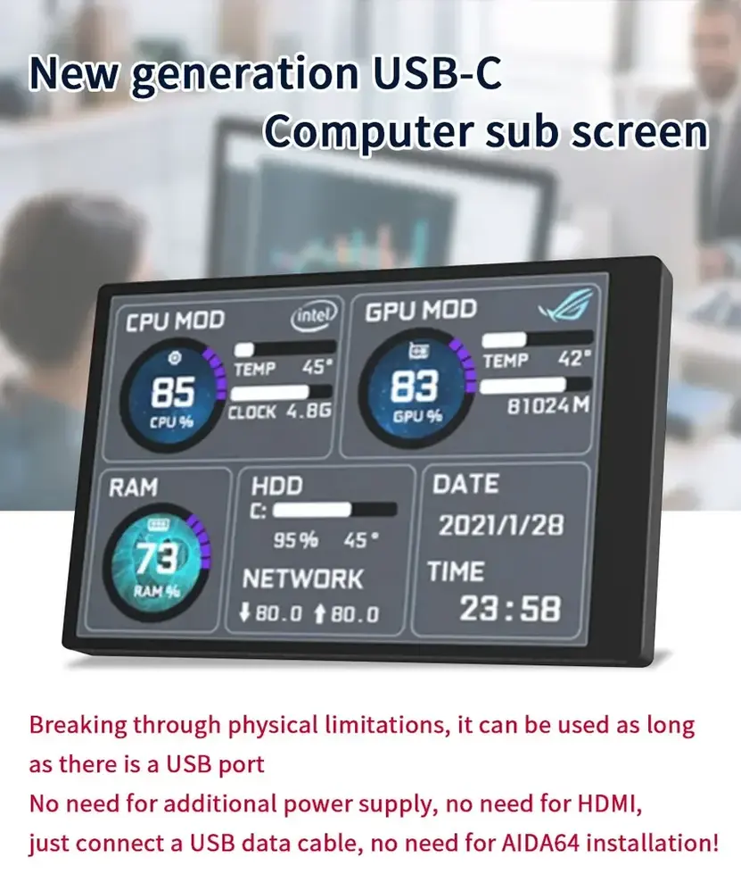 mini tela secundária IPS 3.5 para PC destacando resolução 320×480, tecnologia IPS, ligação USB-Type C e recursos avançados