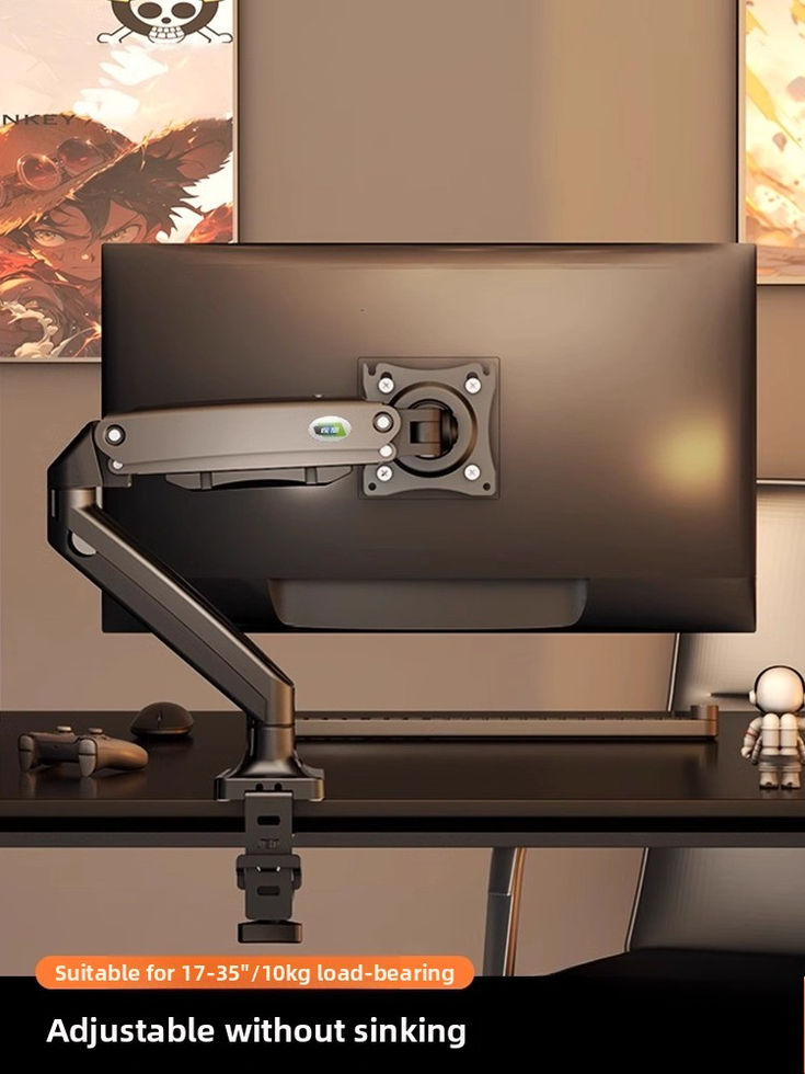 1.	braco-de-monitor-ds110 instalado na secretária com monitor preso e base de aperto visível