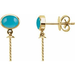 14K Yellow Gold 7x5 mm Oval Natural Turquoise Semi-Set Earrings for 11 mm Pearls