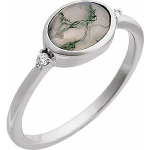 14K White Gold Natural Moss Agate & .03 CTW Natural Diamond Ring