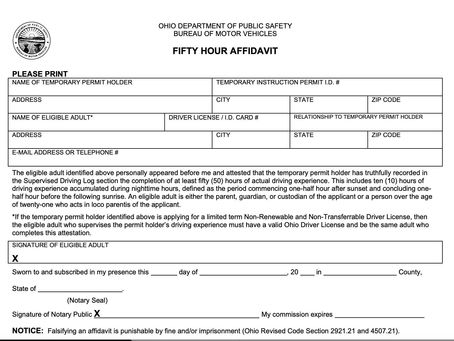 50 Hour Affidavit Form required by the State of Ohio Department of Transportation