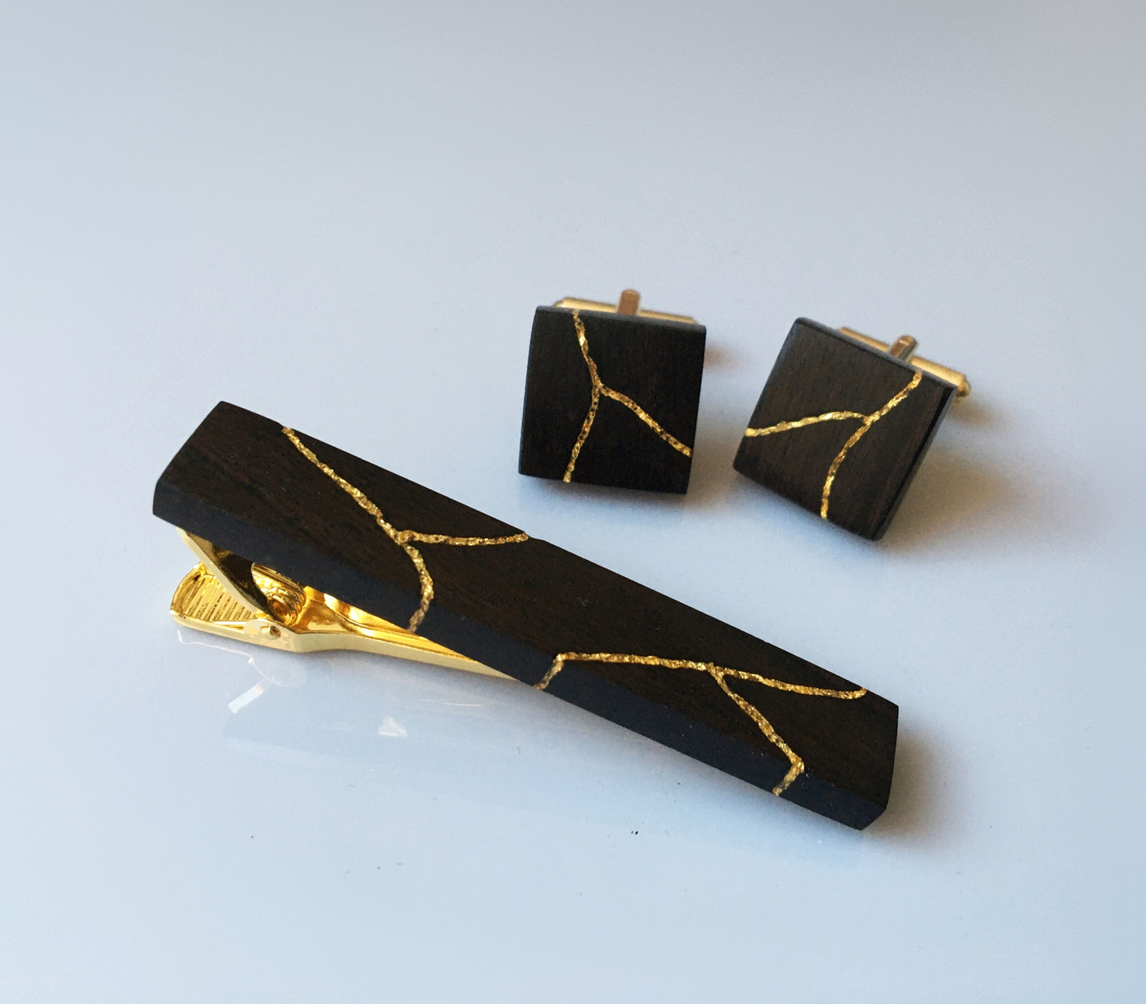 Ebony Wood Kintsugi Cufflink and Tie Clip Set. Inlaid With 22ct Gold Leaf