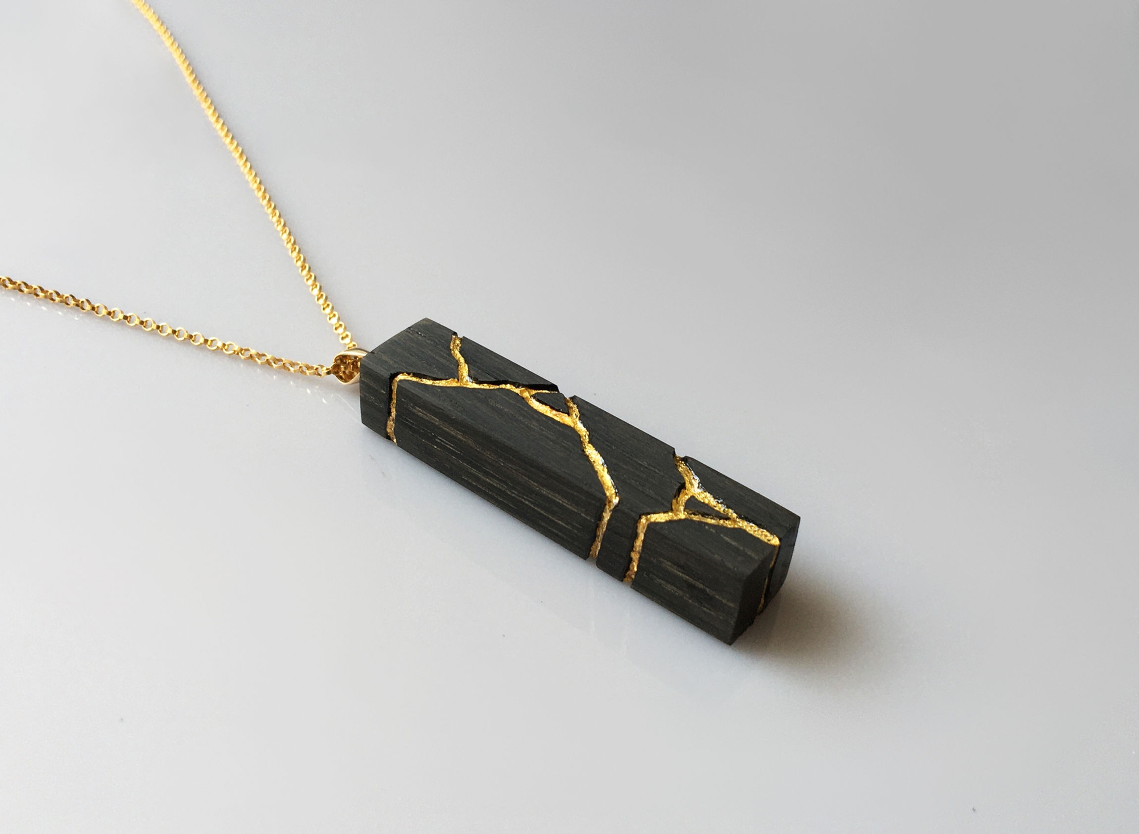 Kintsugi Pendant Handmade From Ancient Bog Oak Wood, Inlaid With 22ct Gold