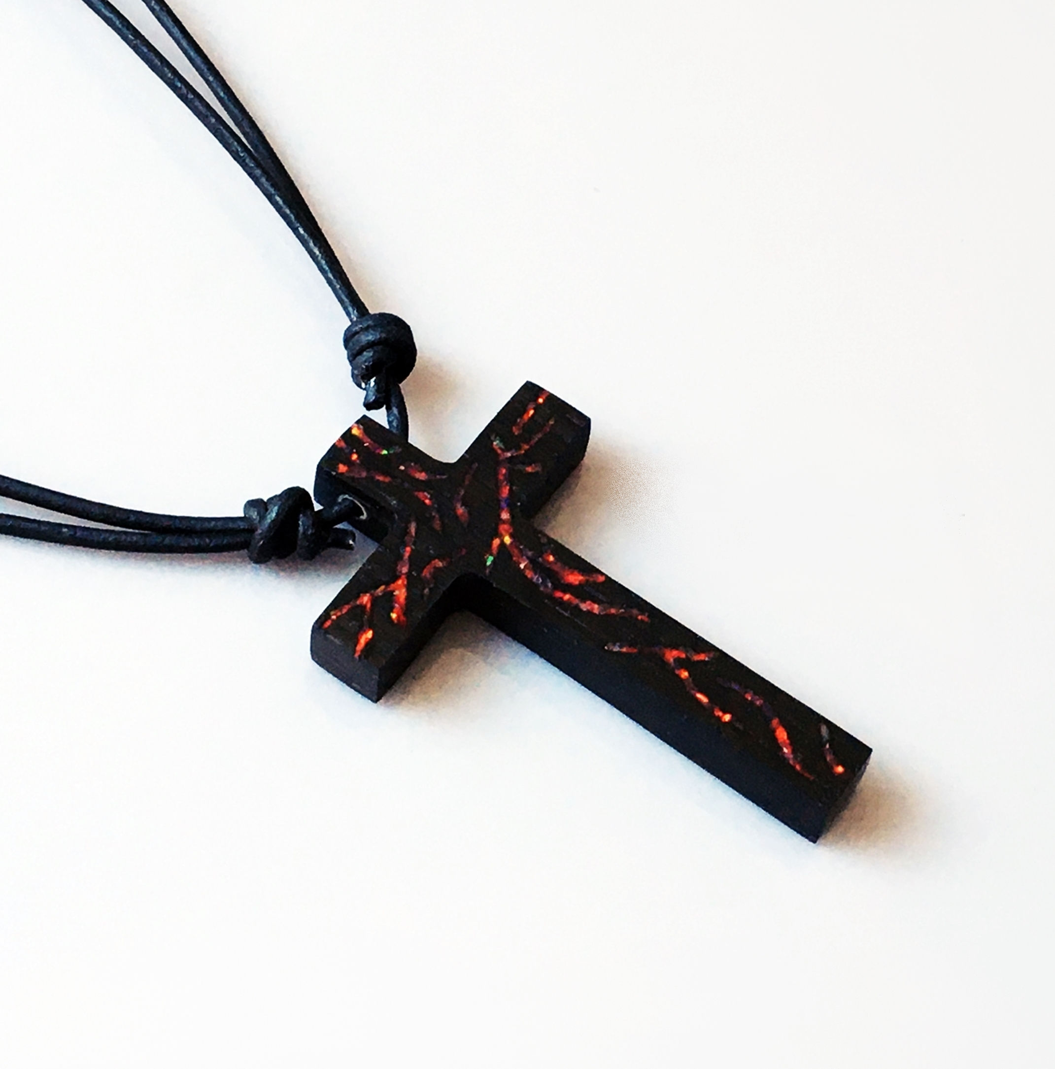 Black Bog Oak Wood and Ethiopian Opal Cross