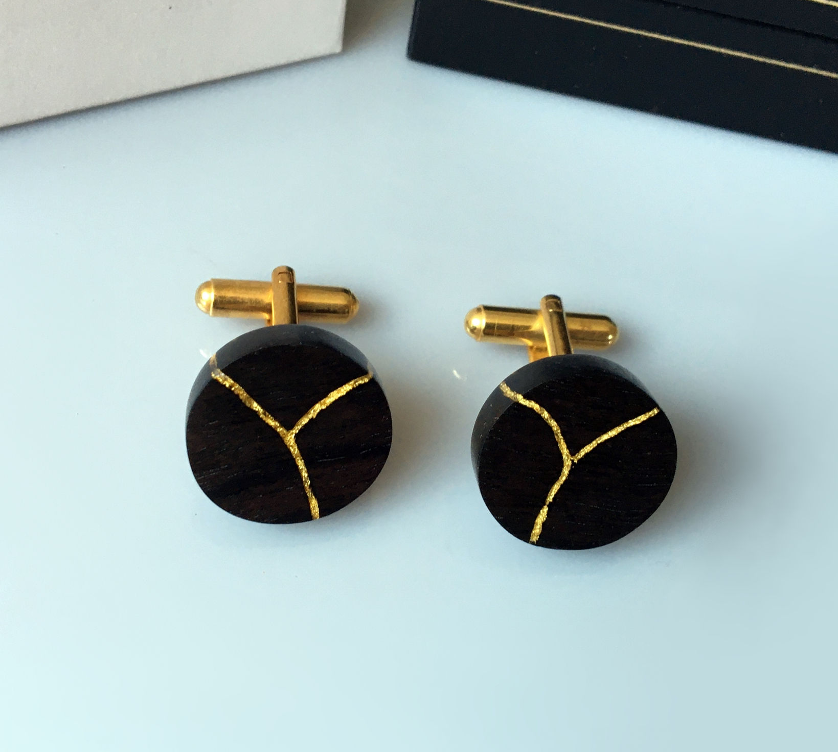 Ebony Wood Kintsugi Cufflinks Inlaid With 22ct Gold Lea