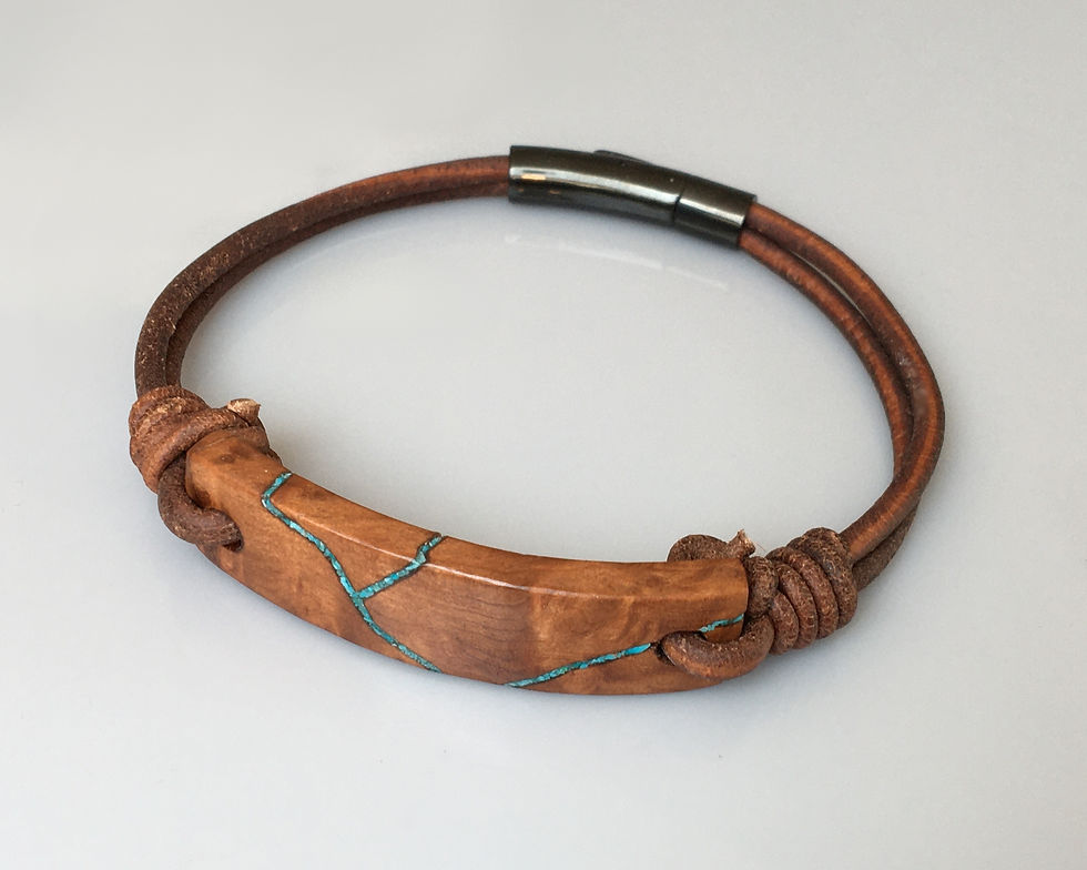 Thumbnail: Kintsugi style wood and leather bracelet, inlaid with Turquoise gemstone
