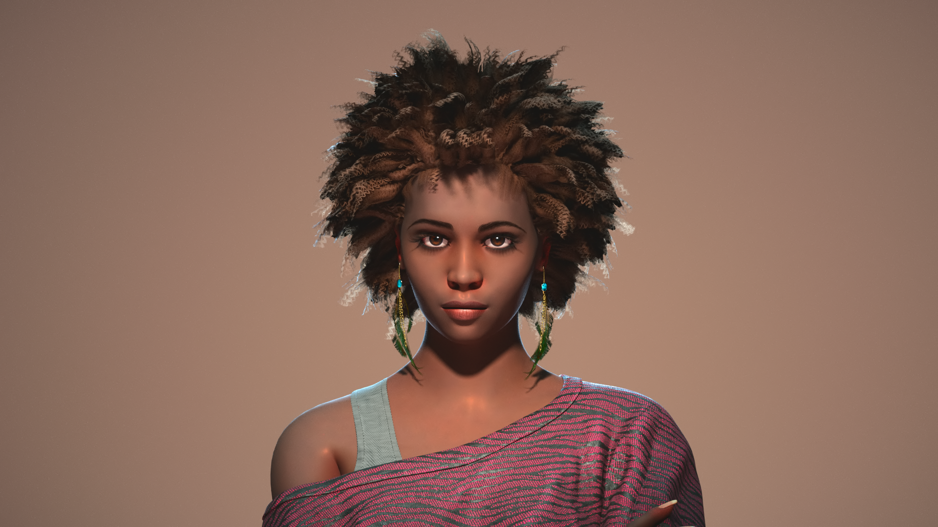 3D render of a woman staring into the camera. She is softly lit straight on from above causing a slight shadow under her nose.