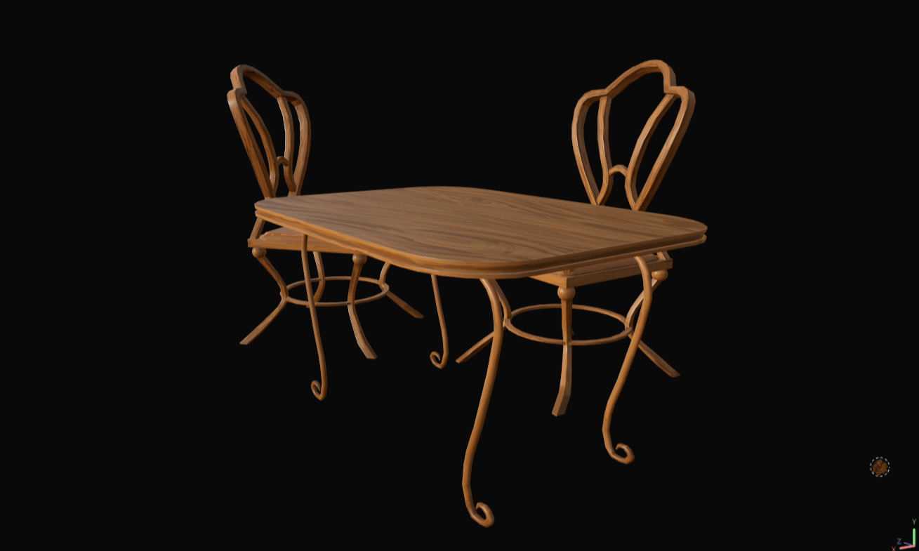Table and chairs have been painted as if they were made from a warm wood.