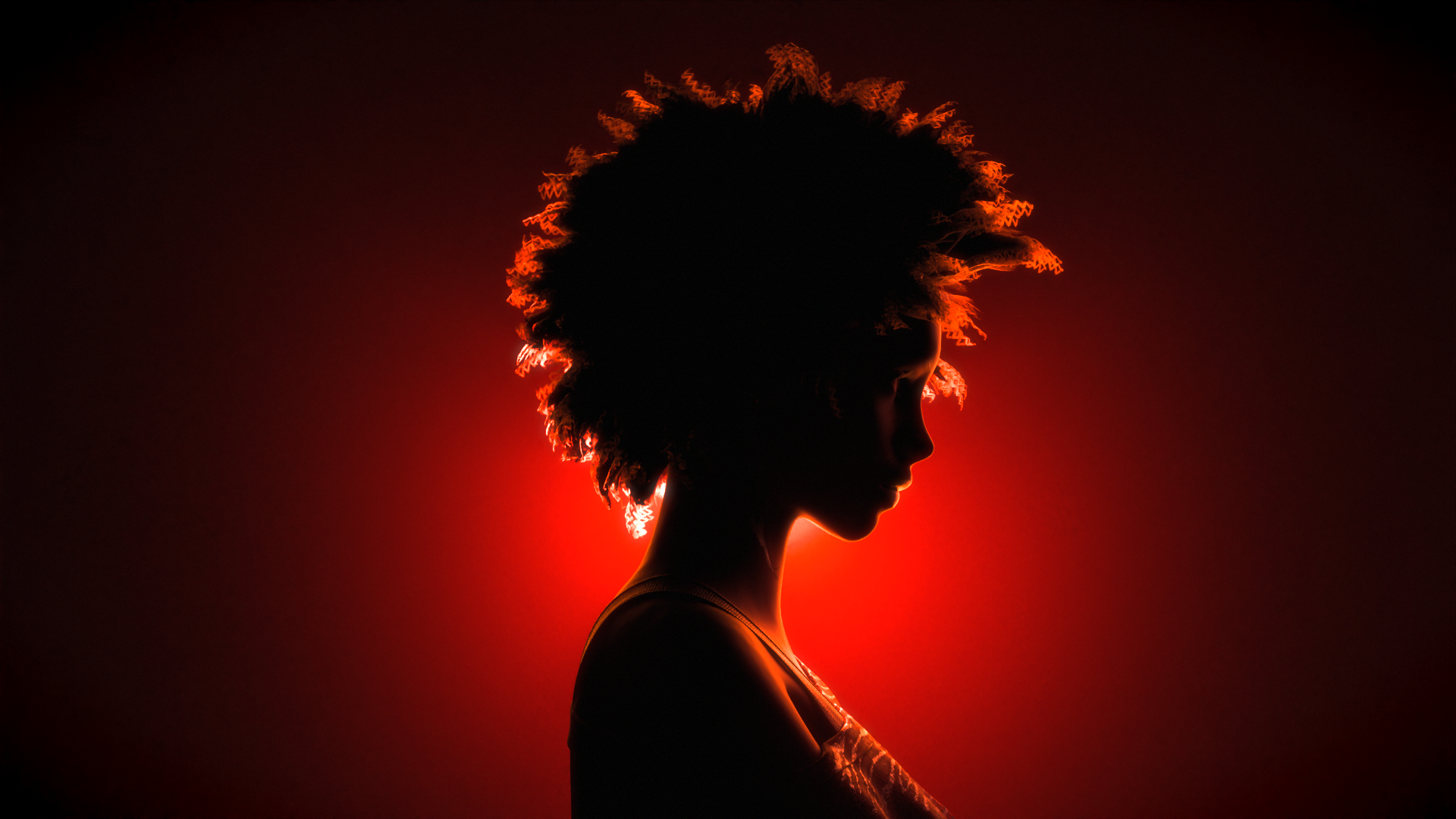 3D render of the side profile of a woman with a bright red back light. The light creates a bright red/orange outline around her silhouette.