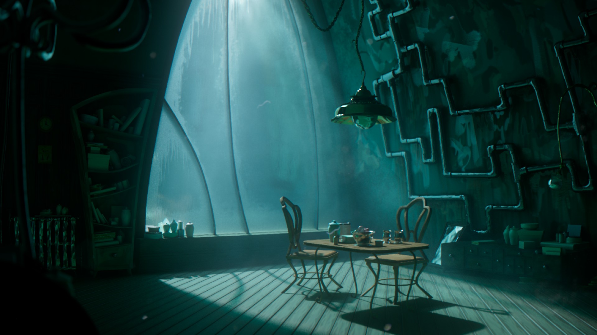 3D render of a stylised room; the lighting is green with soft god rays on an empty table and chairs in the middle of the room.