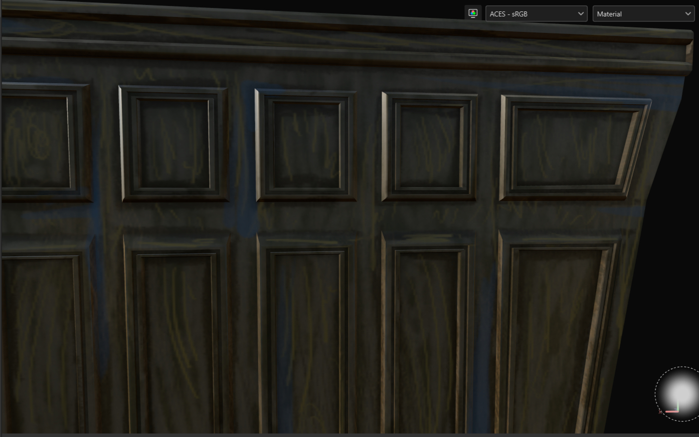 The panelling is painted to be a dark, cool wood with blue smudges.