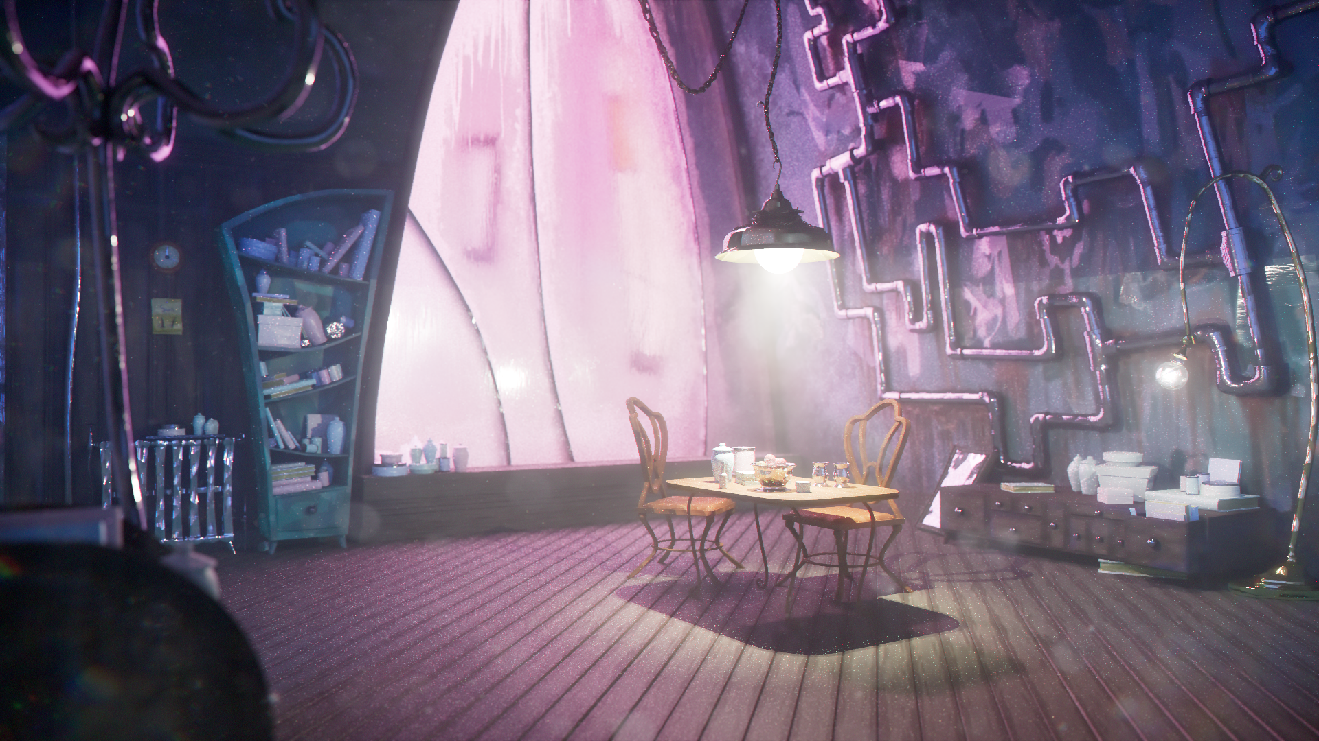 3D render of a room, outside the window is bright pink while the room is filled with blue and purple lights. The ceiling light and lamp are on giving soft yellow light. 
