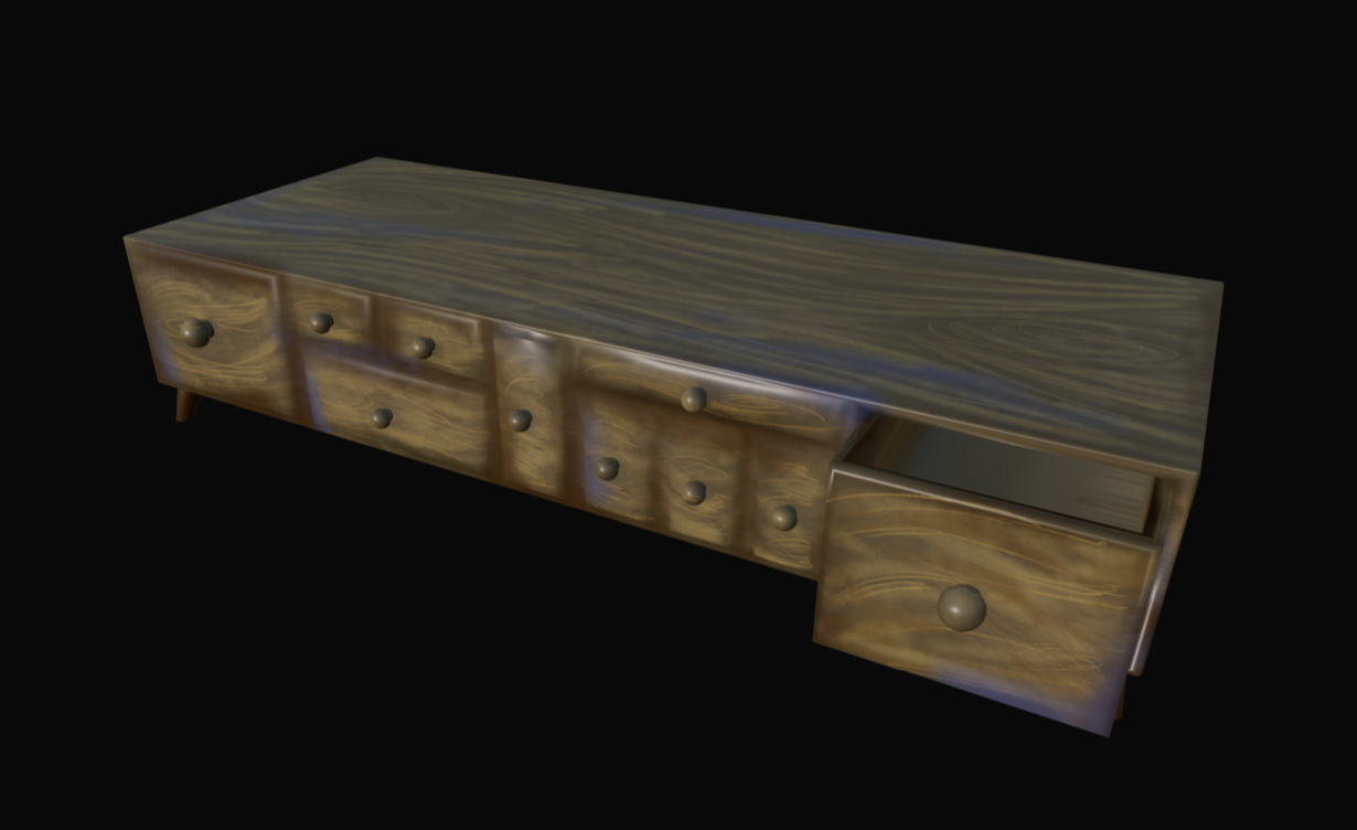Viewport image of the sideboard in Substance Painter. The wood is a slight yellow brown with blue smudges.