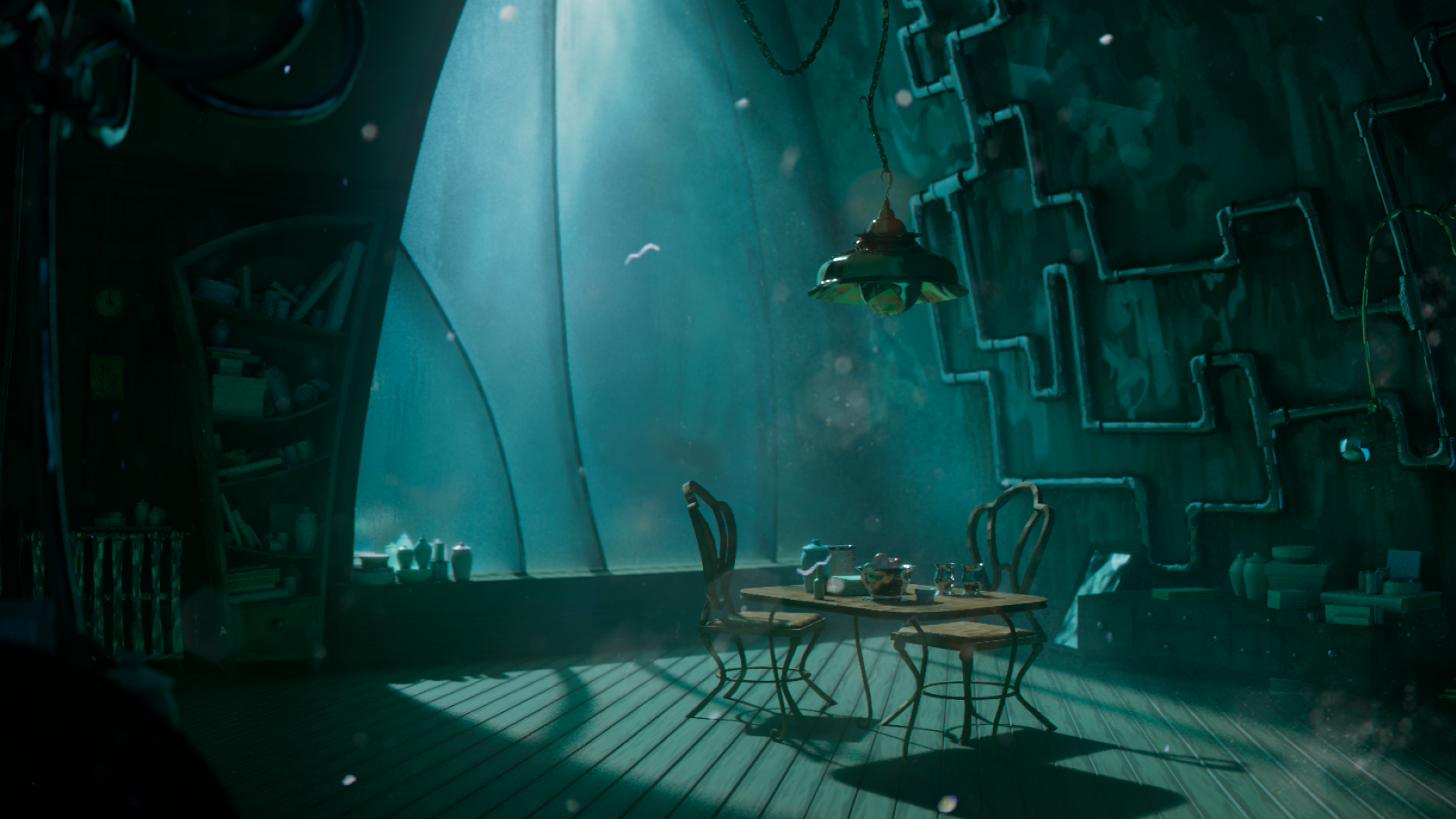 A 3D render of a table and two chairs in the centre of a room with a large ceiling light hanging above. The lighting is green and mysterious. A slight god ray lights the table while the rest of the room falls into darkness.
