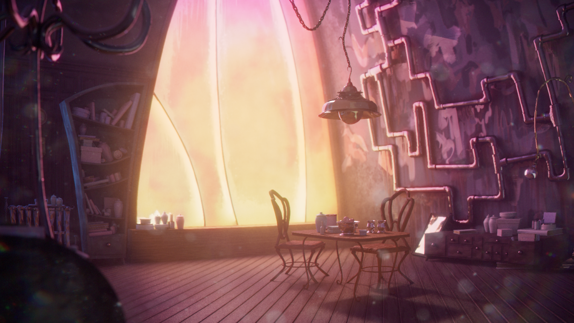 3D render of a stylised room; the window has a gradient of pink to orange to yellow from top to bottom. The room is filled with a pink light from the window into a purple light towards the edges of the room.