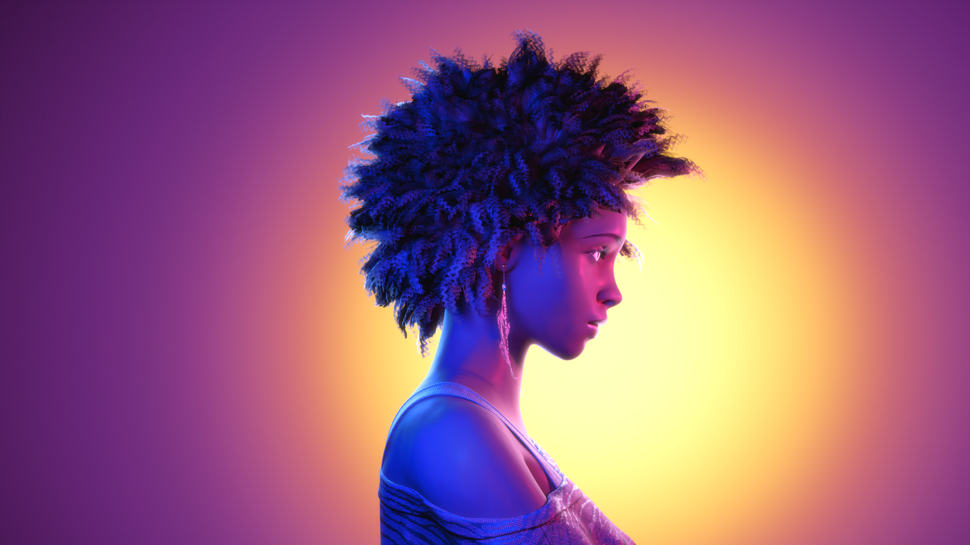 3D render of the side profile of a woman lit in purple, orange, yellow and blue.