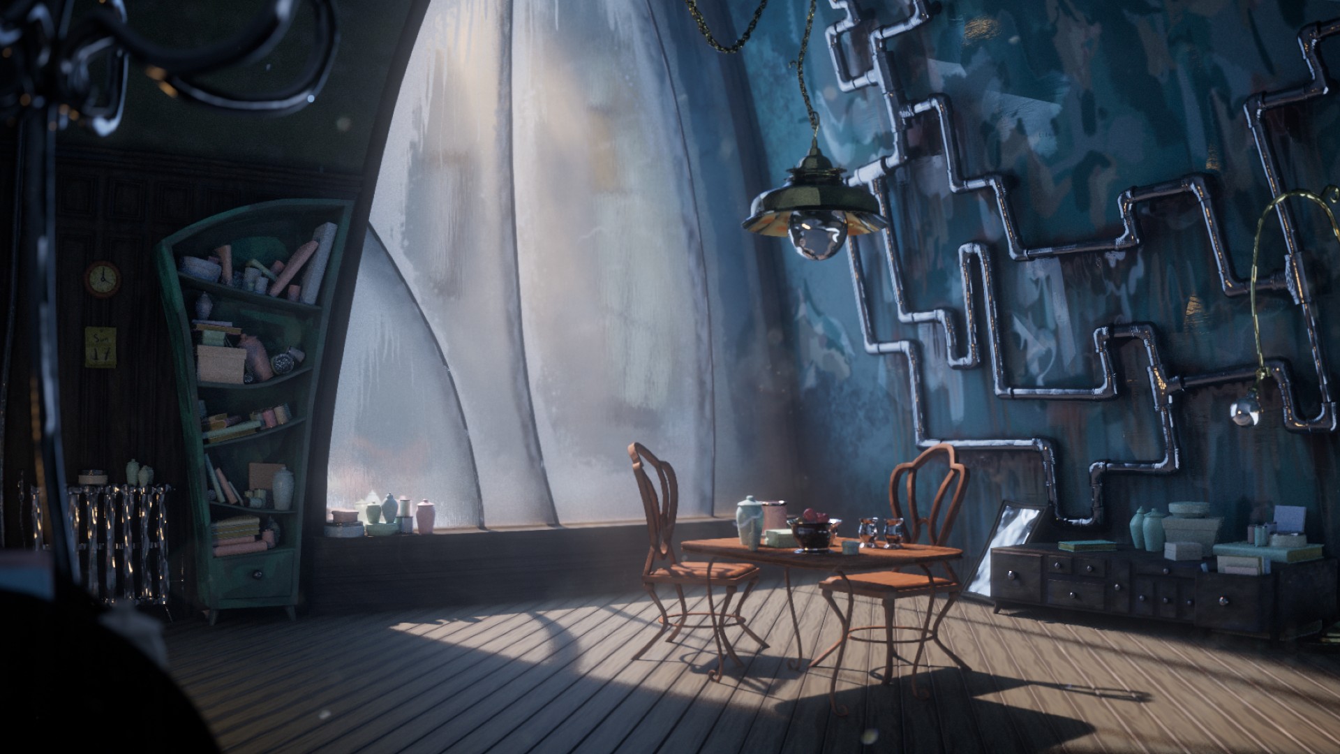 3D render of a room lit in a basic daylight set up with cool atmosphere and warm god rays. The walls are blue while the table and chairs are orange.