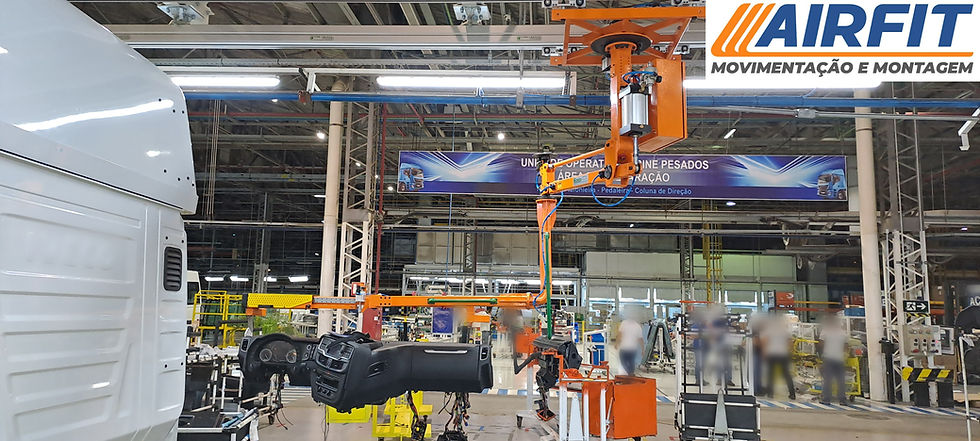 Manipulador Pneumatico ou robo industrial: manipulador pneumatico assistindo o operador em linha de montagem automotiva - Airfit Brasil