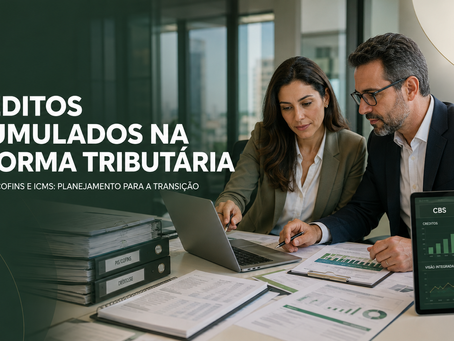 Dois consultores analisam documentos fiscais e indicadores de CBS e IBS em um escritório. À esquerda, lê-se: “Créditos acumulados na Reforma Tributária”.