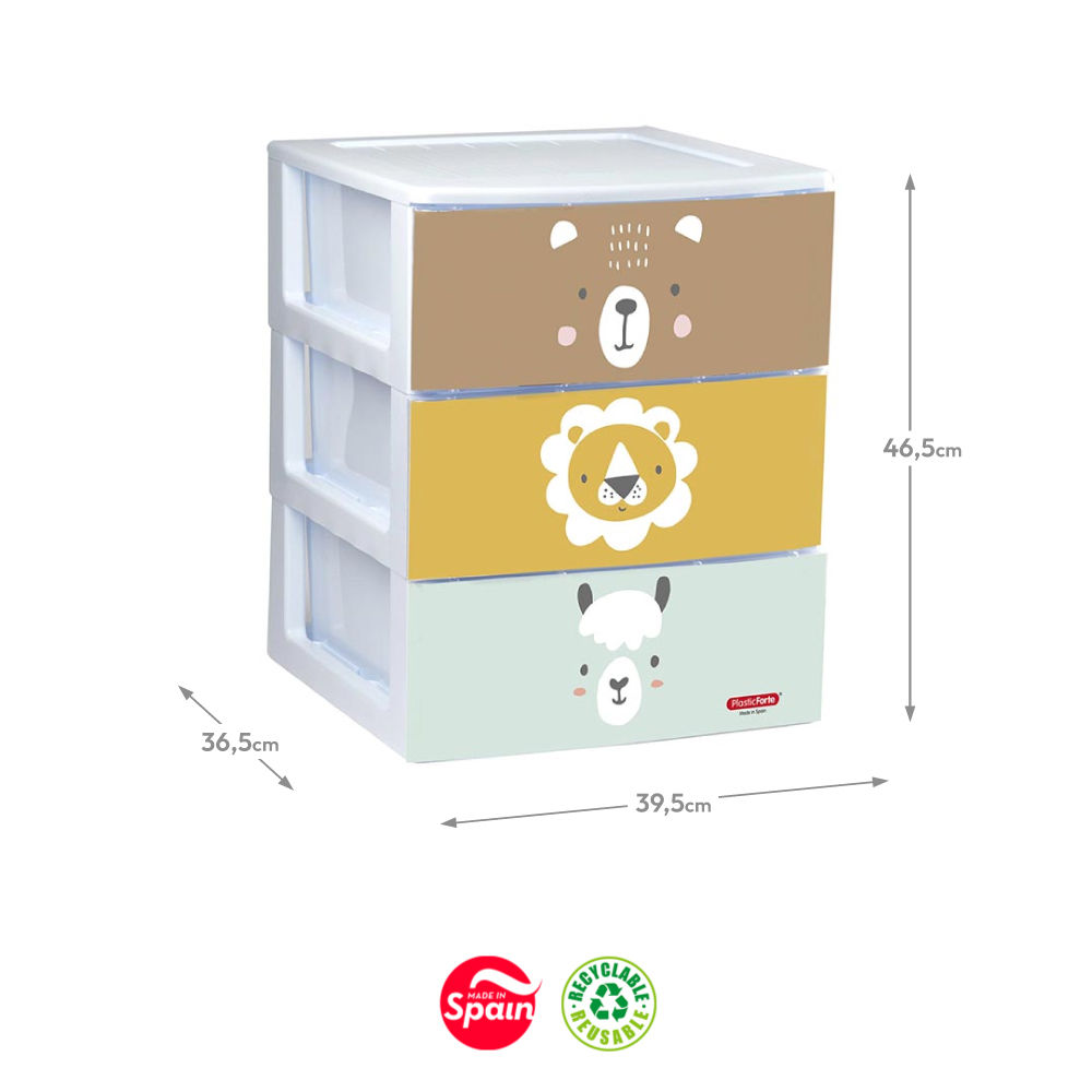 Bloco 3 Gavetas Plástico 36,5x39,5x46,5cm Rin Zoo Sortido