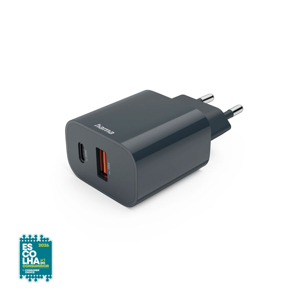 Carregador USB-A + USB-C PD 20W Rápido Cinza