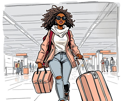 black female traveler with too much rimowa luggage frazzled running through airport .jpg