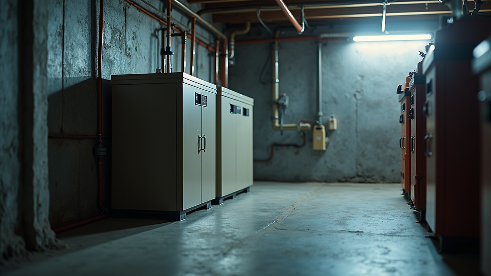Close-up view of a solar battery system in a basement