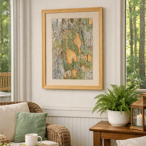 Colored pencil drawing of a sycamore tree's shedding bark in winter. Art perfect for a garden room, gazebo, bedroom, study, den, or porch. #actuallyhandmade