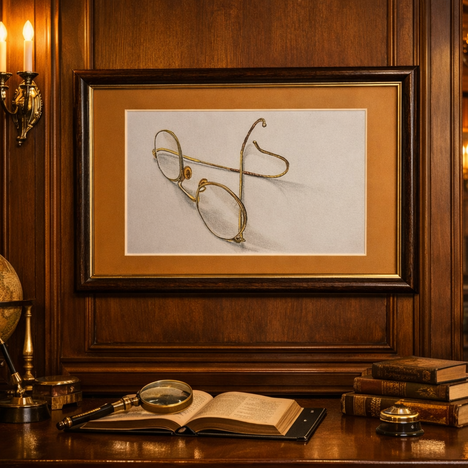Antique glasses in frame with warm colored mat. Art perfect for a den, study, library, bedroom, or sophisticated parlor.