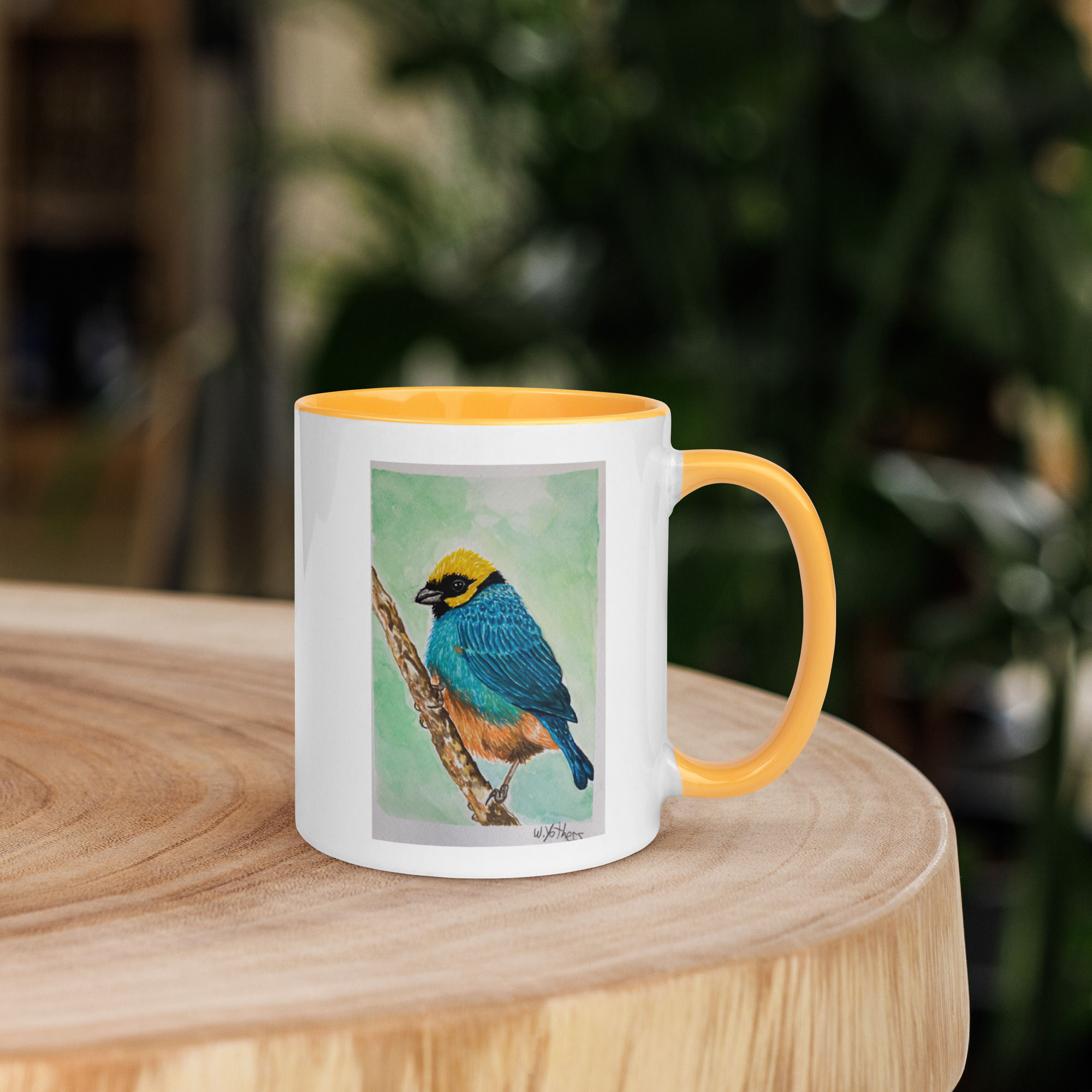 Mug with Color Inside with Saffron-crowned Tanager Watercolor Print