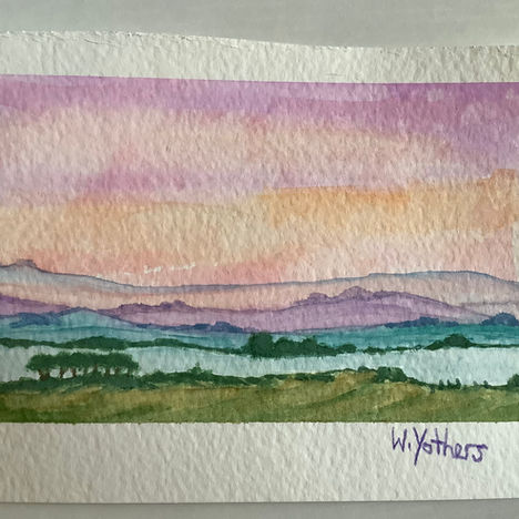 Watercolor of landscape at sunrise with a clear blue river and trees.
