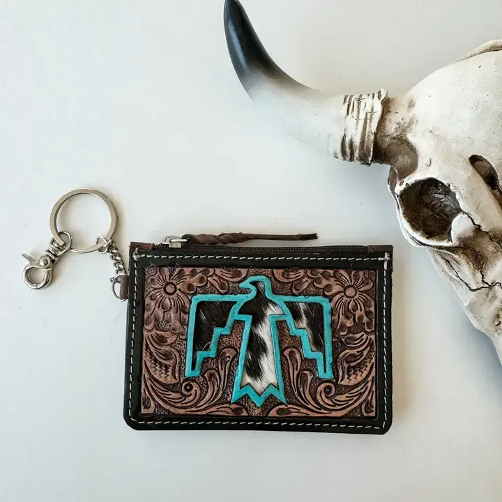 Western Cowhide Leather Keychain Wallet Longhorn Thunderbird