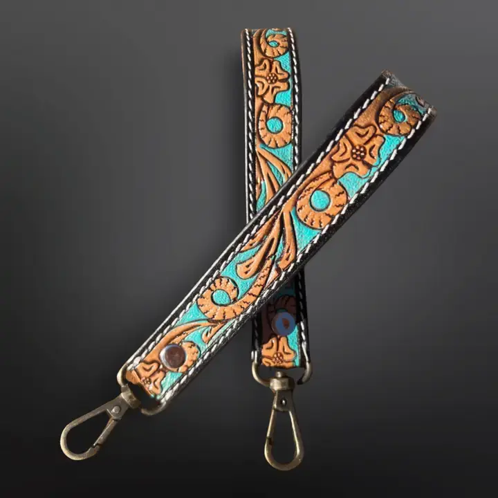 Tooled Leather Western Wrist Strap Keychain - Turquoise Pain