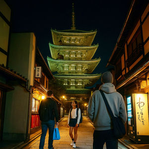 a man and a woman are walking down a narrow street in front of a building with chinese writing on it