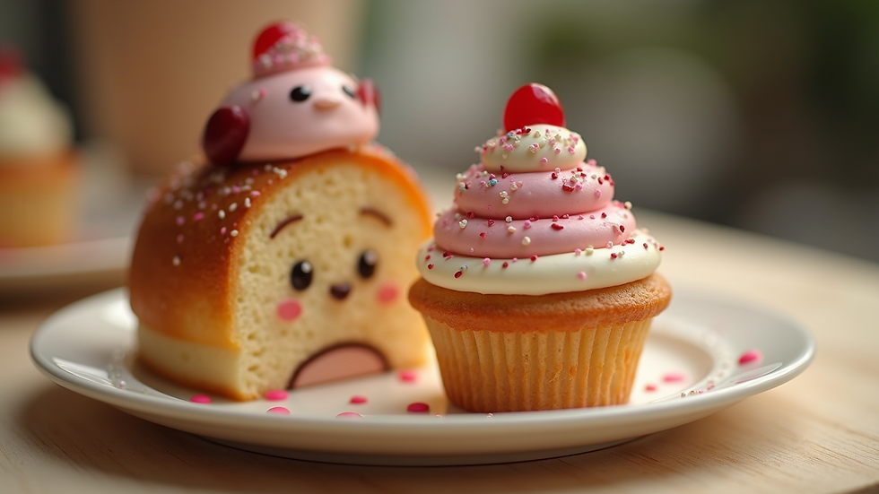 Close-up view of a beautifully decorated dessert with cute characters