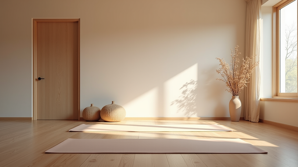 Eye-level view of a serene yoga space with mats and calming decor