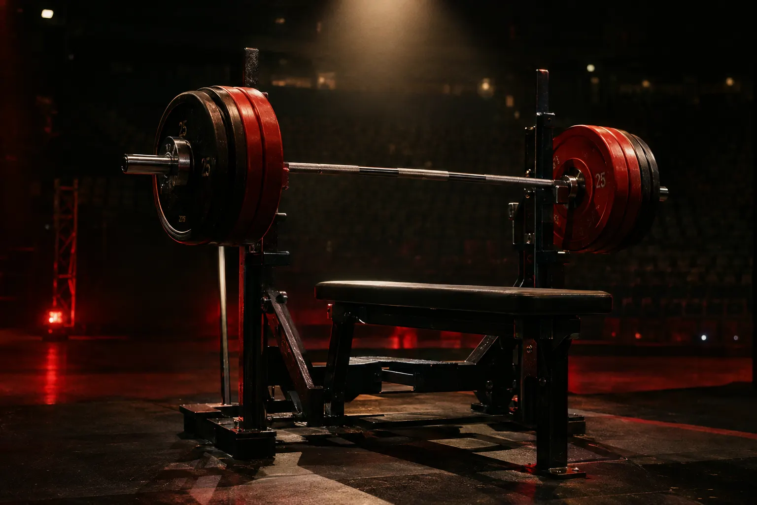 Loaded barbell racked on a competition bench under a spotlight