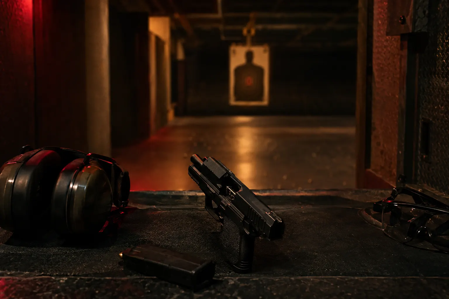 Pistol with slide locked open beside hearing protection on an indoor range bench